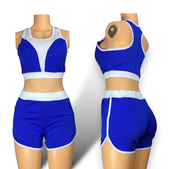 Women Tracksuit Short Sleeve Crop Top & Shorts - Tops with Removable Pads | Blue - Picture 1 of 5